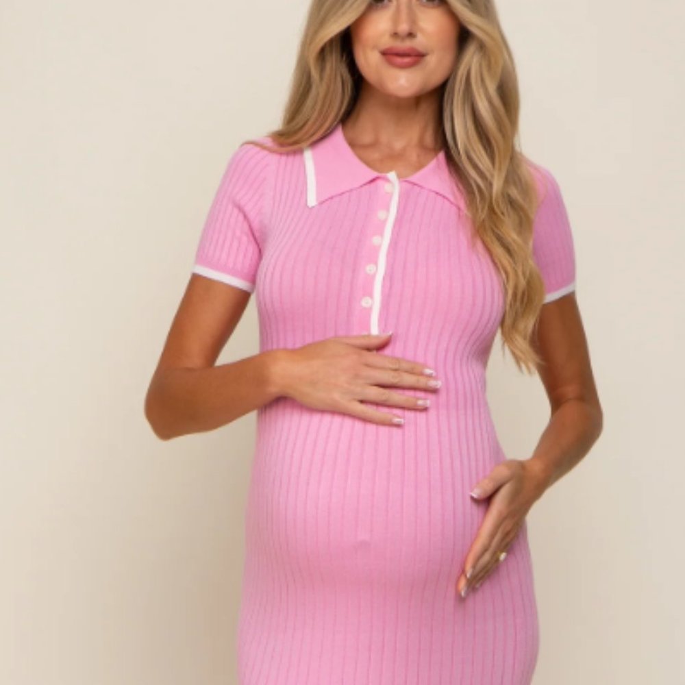 Pink Collared Knit Maternity Midi Dress